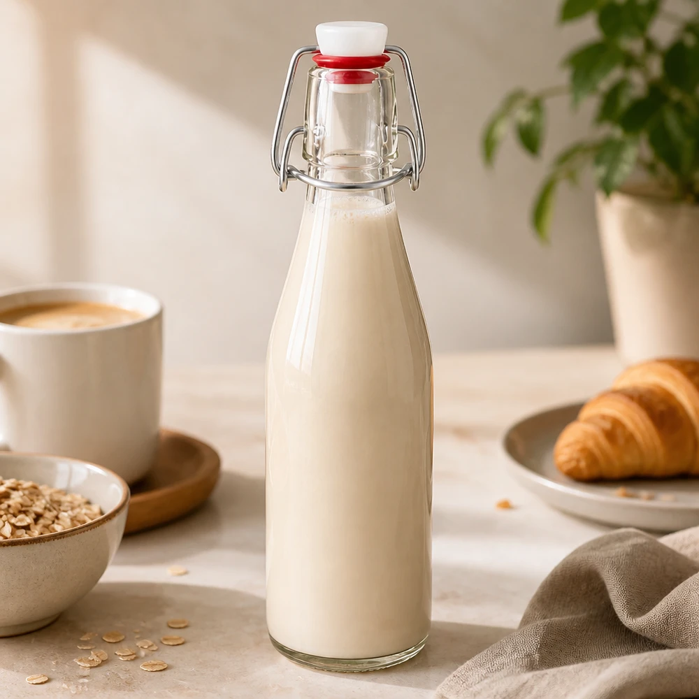 250ml skleněná láhev + otočný vršek z porcelánu UNiTWIST Glasflasche 250ml mit Bügelverschluss gefüllt mit Milch neben Haferflocken, Kaffeetasse und Croissant