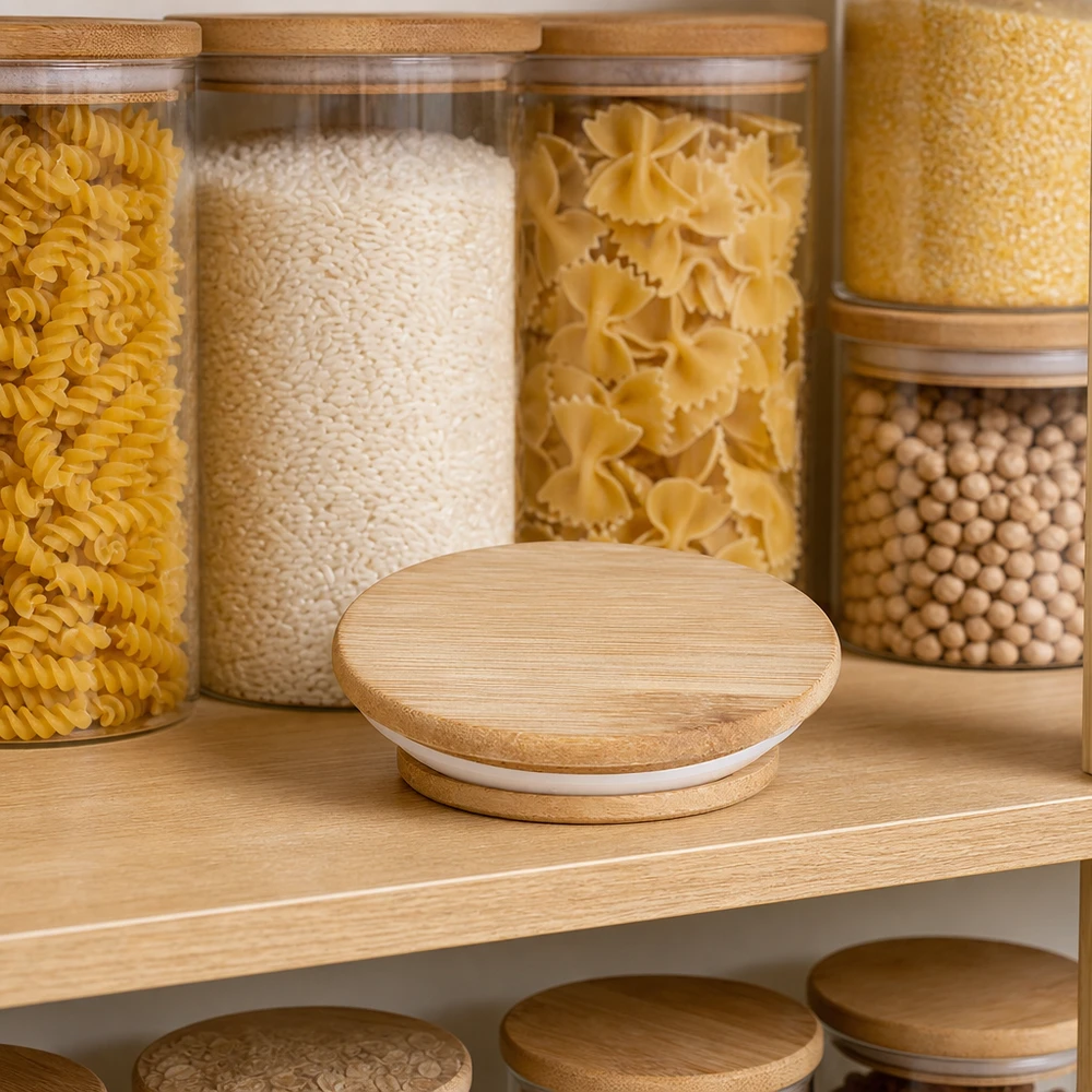 Dřevěné víko (buk) bez potisku pro WECK RR60 WECK Holzdeckel RR60 in praktischer Küchenumgebung zwischen Vorratsgläsern mit Pasta Rice und Hülsenfrüchten