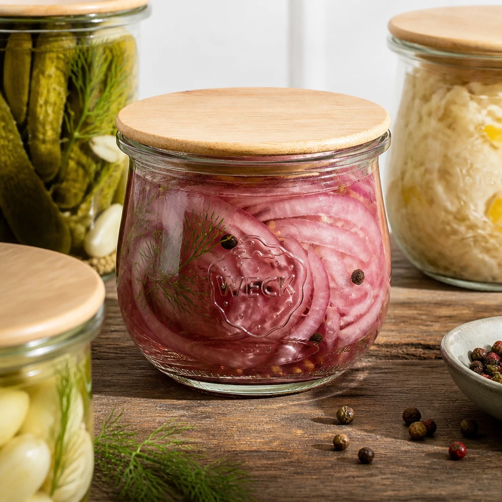 370ml tulipánová sklenice WECK RR80 s dřevěným víčkem WECK Tulpenglas 370ml RR80 mit Holzdeckel für eingelegte rote Zwiebeln zwischen Gewürzgläsern auf Holztisch