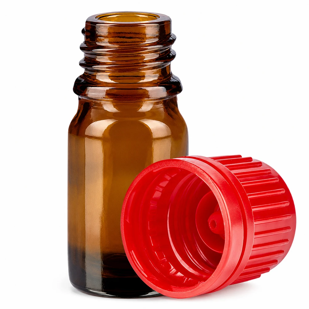 5ml lahvička 11mm šroubovací uzávěr červený uzávěr s ochranou proti manipulaci BrownLine UT18/5 Professionelle 5ml Glasflasche braun mit kindersicherem roten Schraubdeckel