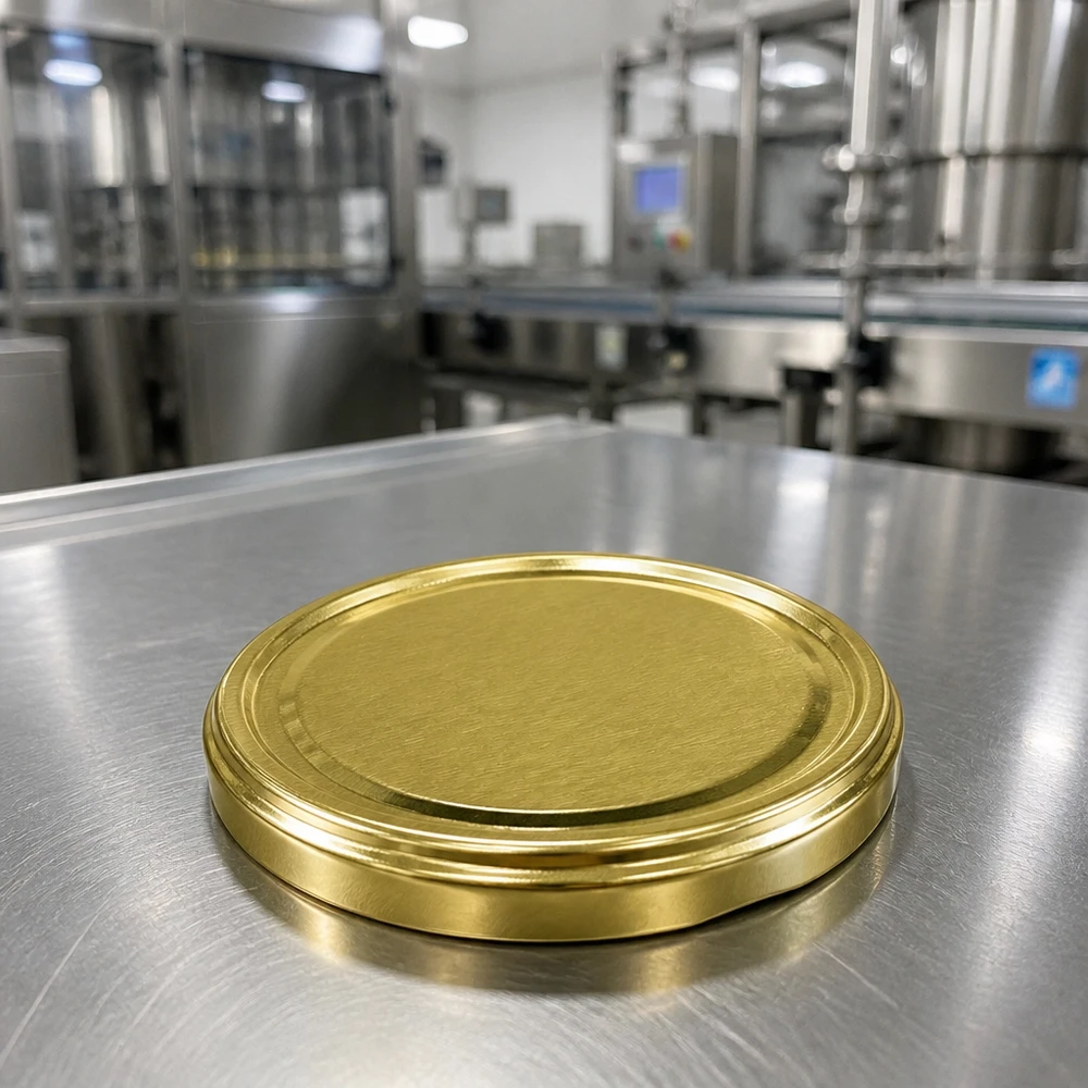 70mm víko BioSeal zlaté (TO70) UNiTWIST UNiTWIST TO70 zlaté kovové víčko na nerezovém povrchu plnicí linky BioSeal unitemp pro průmyslové použití