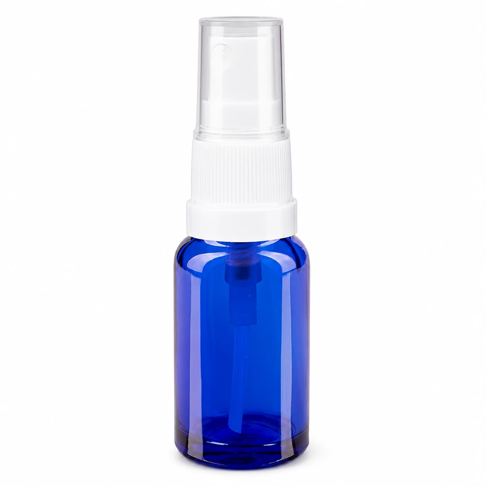 Lékárenská lahvička modrá 10ml s rozprašovacím víčkem bílá Blaue 10ml Glasflasche mit Zerstäuber für ätherische Öle Parfüm und Pharmazieprodukte