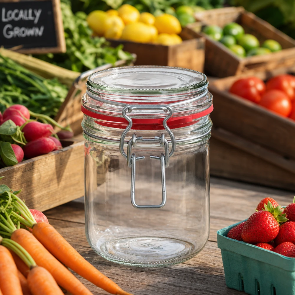 400ml zavařovací sklenice s gumovým kroužkem a výkyvným víčkem UNiTWIST. 400ml Glasdose mit rotem Dichtungsring und praktischem Schnappverschluss für einfache Bedienung