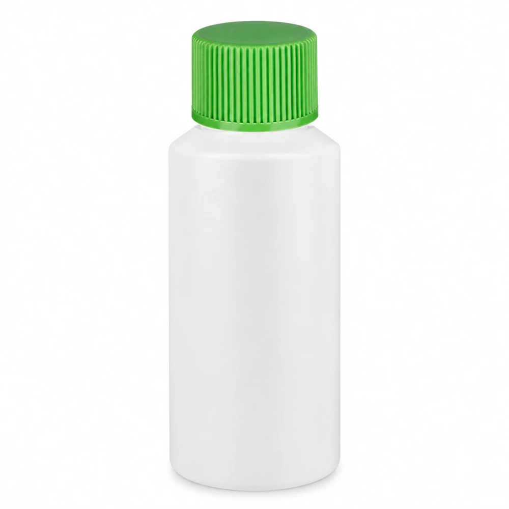 Lékárenská láhev HDPE 30ml bílá, se zeleným šroubovacím uzávěrem Lékárenská lahvička z HDPE, 30 ml, bílá, se zeleným šroubovacím uzávěrem pro farmaceutické účely