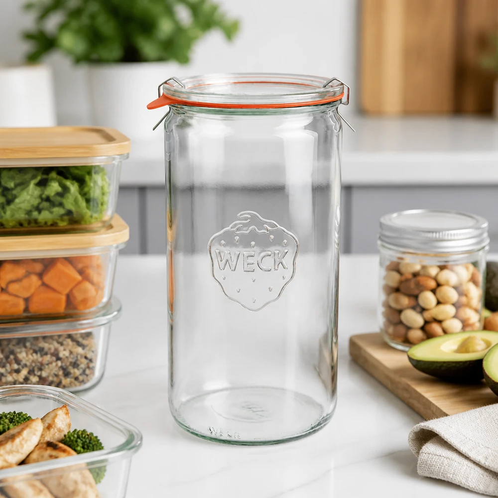 Kompletní 1590ml válcová sklenice WECK RR100 s čerstvostí.