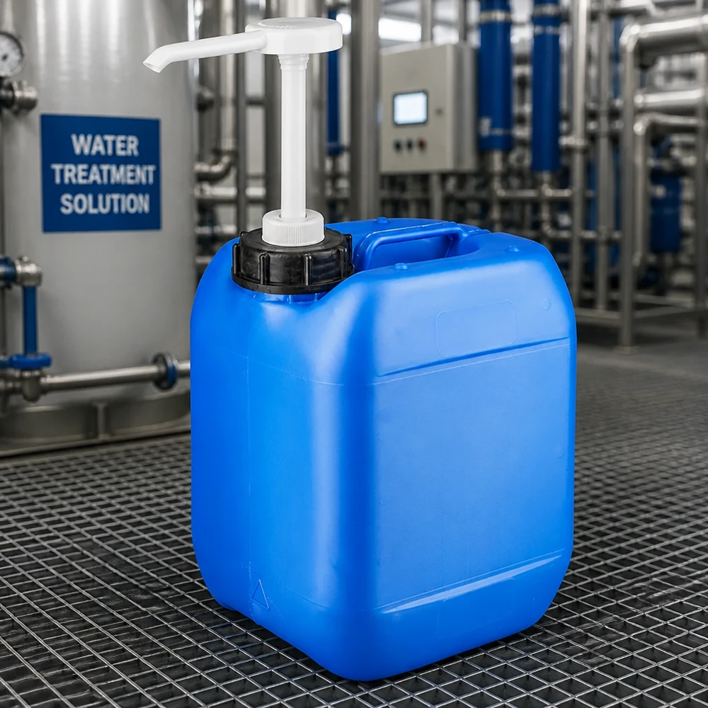 Kanystr 5 litrů modrý s dávkovacím čerpadlem Kompakter rechteckiger 5L Kanister blau mit Pumpenaufsatz für Wasserbehandlung
