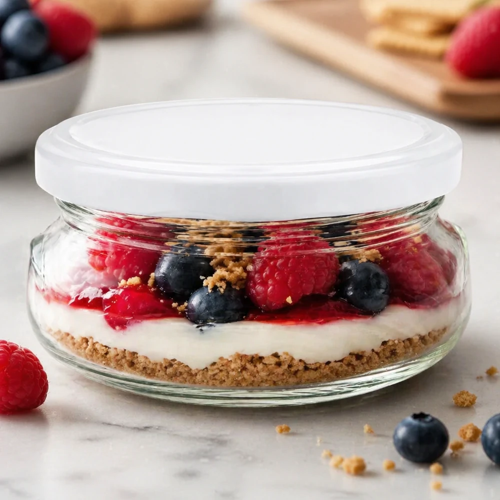 120ml Terrinenglas mit weißem Deckel gefüllt mit Beeren-Dessert und Keksboden auf Marmorplatte