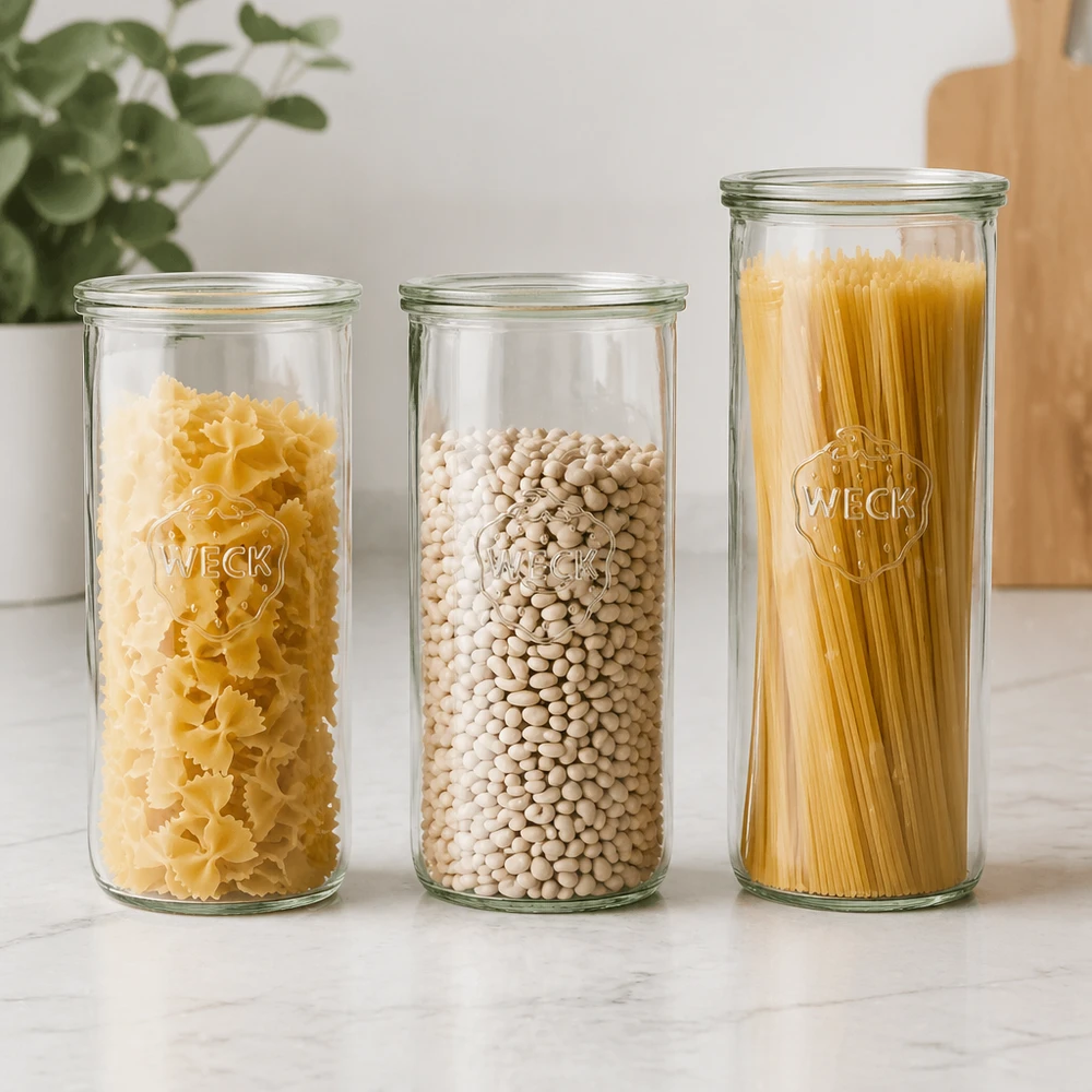 WECK Sturzglas 1500ml RR100 Set mit Pasta Bohnen und Nudeln gefüllt Vorratsaufbewahrung Küche modern