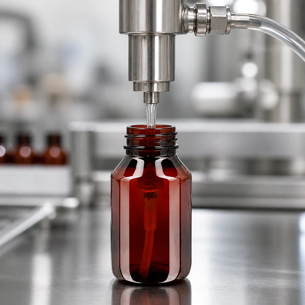 Hygienische Serienproduktion bernsteinfarbener 50ml PET Flaschen mit weisser Pumpe