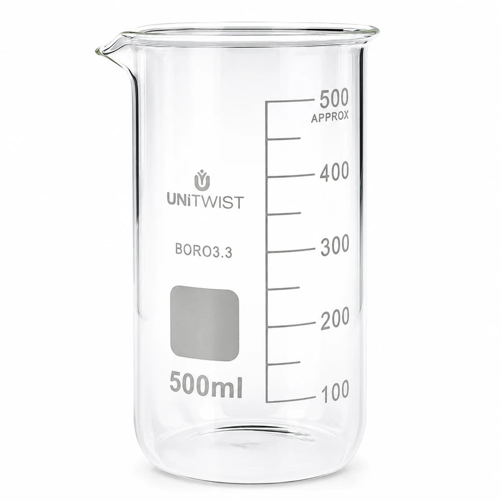 Kádinka 500 ml borosilikátová, vysoká forma UNiTWIST Becherglas hohe Form 500ml Borosilikat 3.3 für Labor Küche Chemie UNITWIST klar