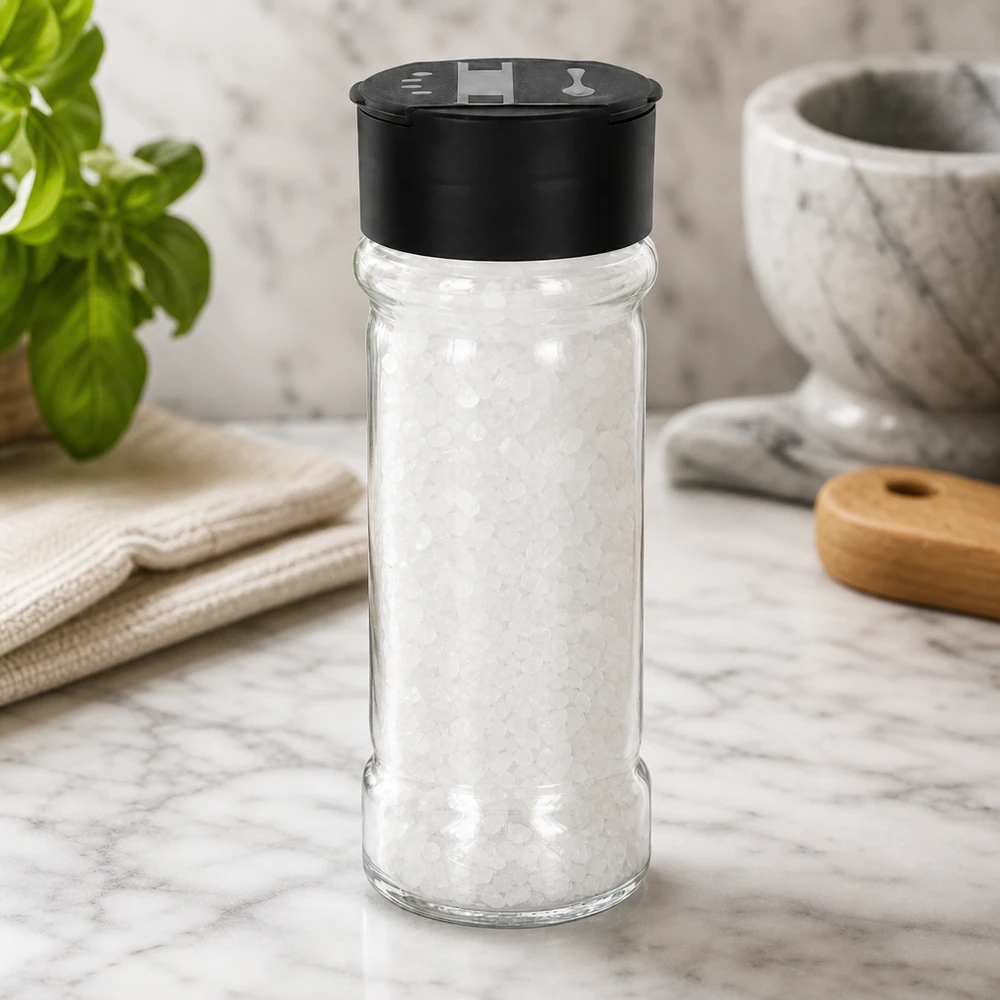 Dóza na sůl/koření 100ml s dvojitým šejkrem černá Kleines Küchenglas 100ml mit Meersalzfüllung schwarzem Doppelstreuer und Holzlöffel im Hintergrund