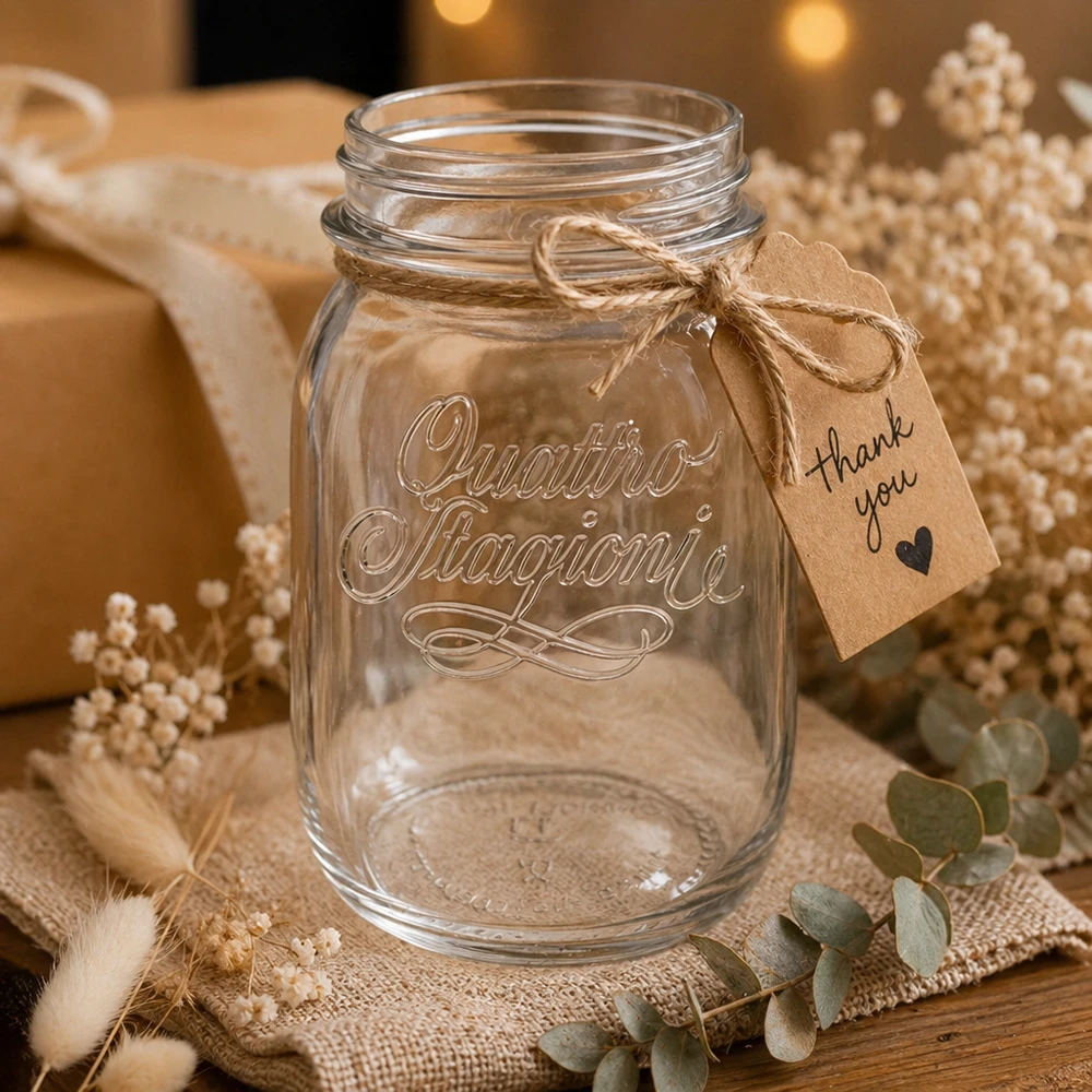 500ml kulatá sklenice "Quattro Stagioni" QS70mm 500ml Quattro Stagioni Haushaltsglas mit Dankeschön Anhänger auf rustikalem Holztisch mit Trockenblumen dekoriert