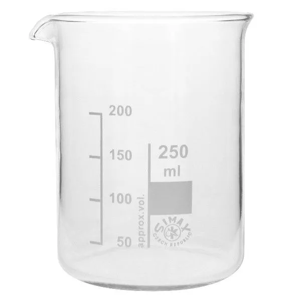 Kompaktes 250ml Becherglas niedrige Bauform aus robustem Borosilikatglas mit Messmarkierung