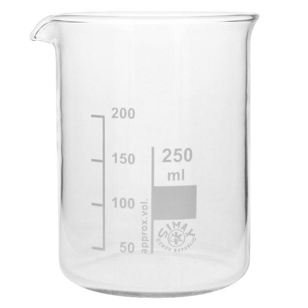 Kádinka 250ml z borosilikátového skla, nízký tvar Kompaktes 250ml Becherglas niedrige Bauform aus robustem Borosilikatglas mit Messmarkierung