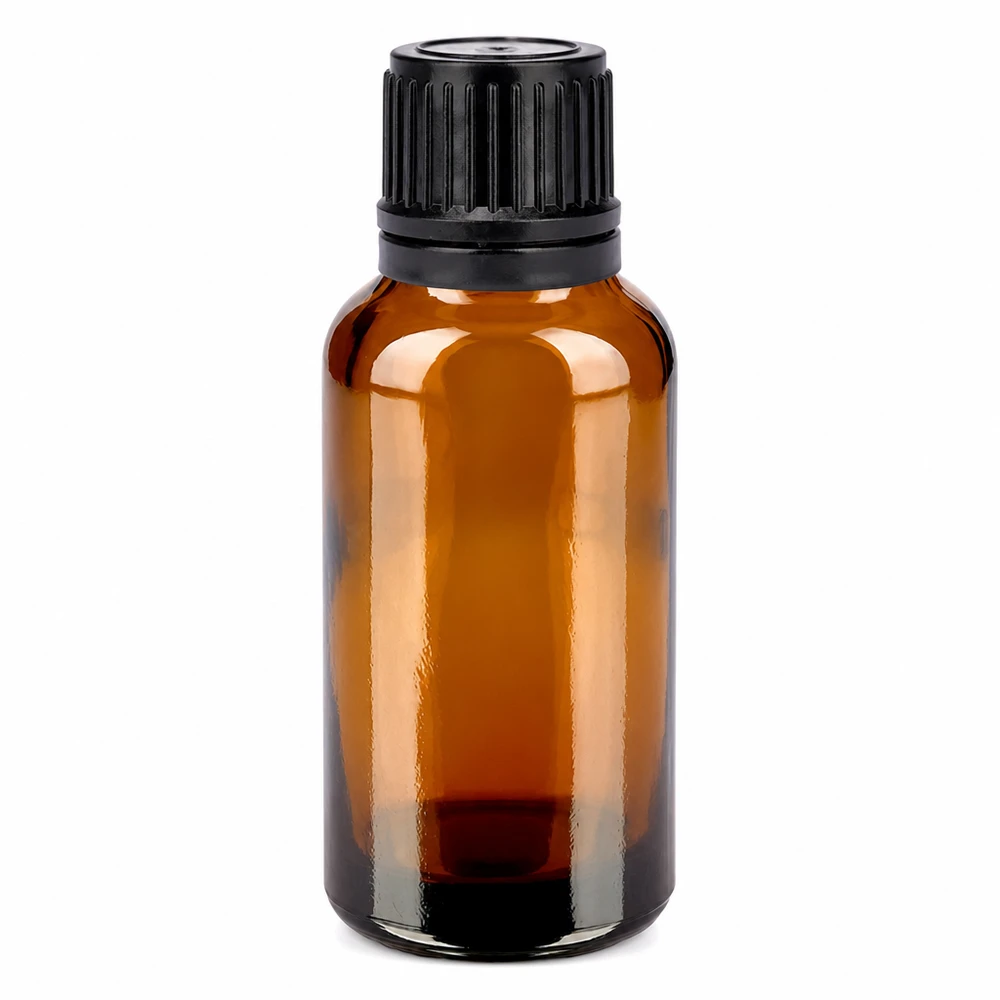 30ml láhev 11mm šroubovací uzávěr černý tamper evidentní uzávěr BrownLine UT18/30 30ml Apothekerflasche aus Braunglas mit schwarzem Verschluss für Naturkosmetik