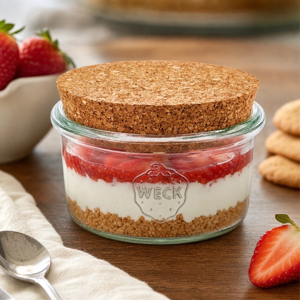 165ml pohárky WECK RR80 s korkem přírodní WECK Sturzglas 165ml mit Korkdeckel als Dessertglas für Erdbeer-Tiramisu dekoriert mit frischen Erdbeeren
