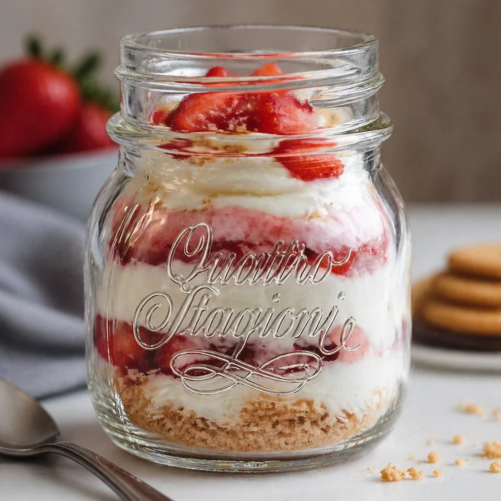 150ml Quattro Stagioni Haushaltsglas mit Schichtdessert aus Erdbeeren und Creme gefüllt auf weißer Küchenarbeitsfläche