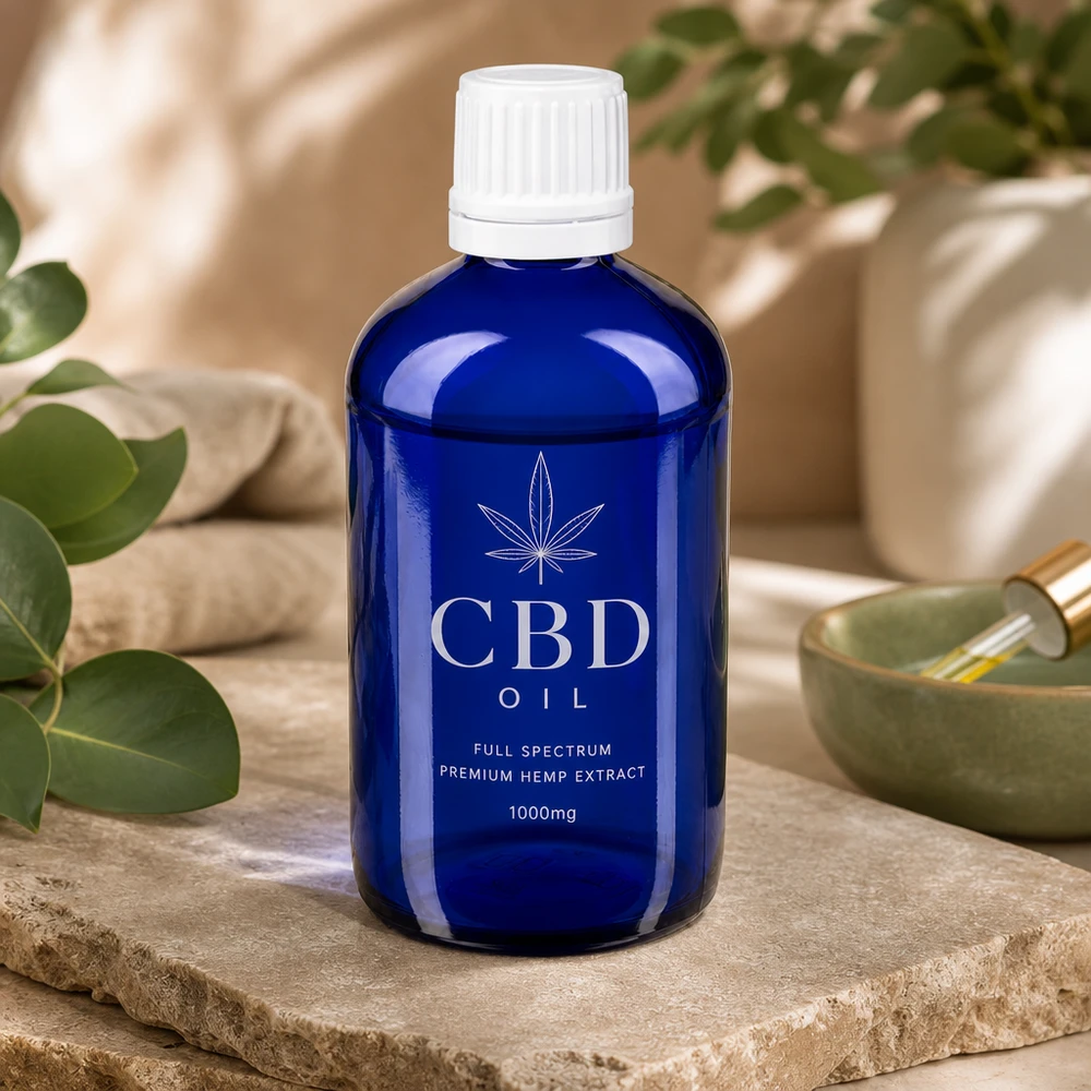 Lékárenská láhev modrá 20ml kapátko bílé uzávěr odolný proti dětem standardní Apothekerflasche 20ml in Dunkelblau mit weißem Sicherheitsdeckel neben Jade Schale und Grünpflanzen
