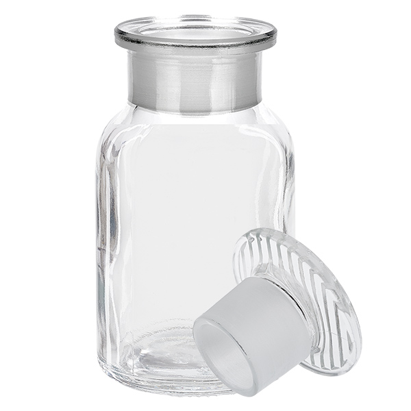 Láhev s kulatým ramenem 100ml čirá skleněná zátka se širokým hrdlem Klassische Rundschulterflasche 100ml mit mattem Glasstopfen transparent und luftdicht