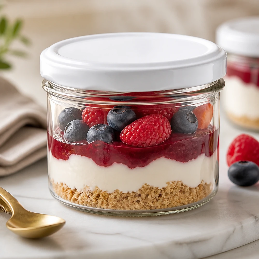 Skleněná sklenice 225ml s víčkem BasicSeal bílá UNiTWIST 225ml Sturzglas als Dessertglas mit Beerenmousse und frischen Früchten zeigt vielseitige Verwendung