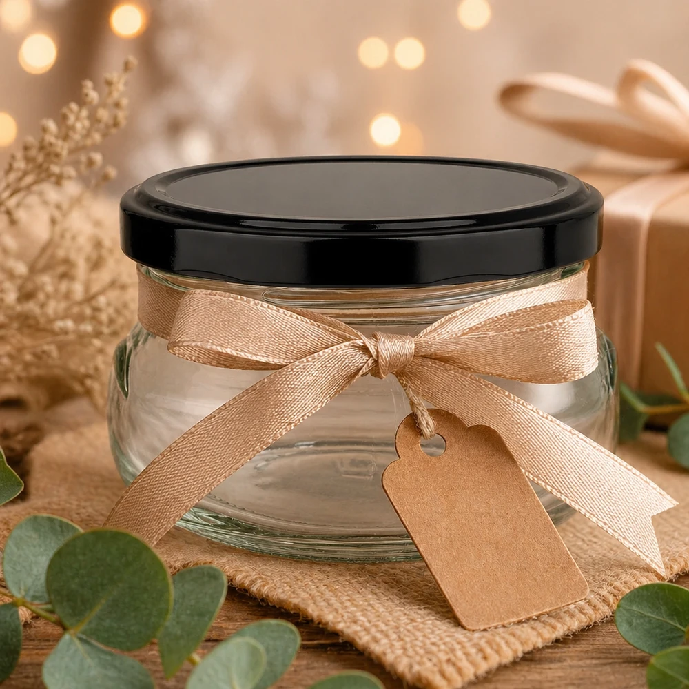 120ml Terrinenglas als Geschenkidee mit beiger Schleife und Anhänger, schwarzer Deckel, festliche Dekoration