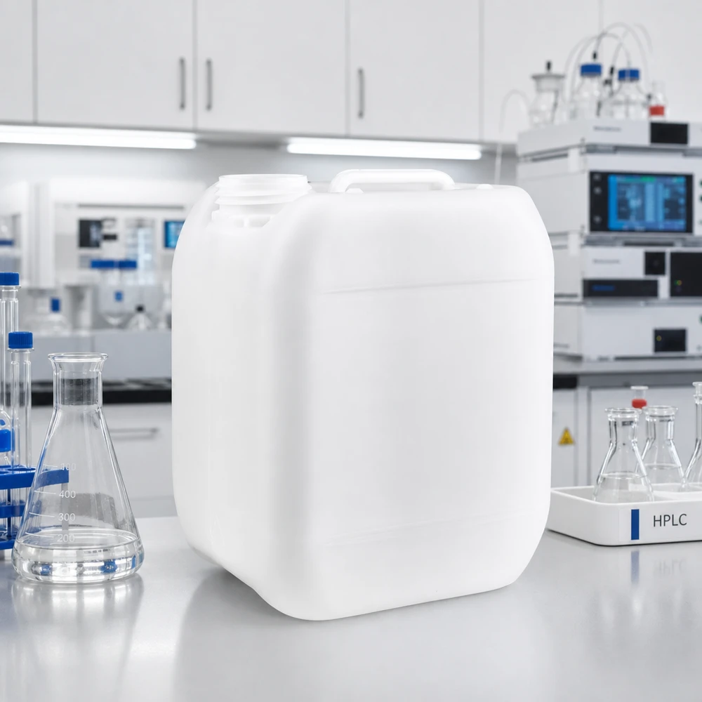 Kanystr 5 litrů bez uzávěru Lebensmittelechter HDPE Kanister 5 Liter ohne Kappe neben HPLC Flaschen im Reinlabor
