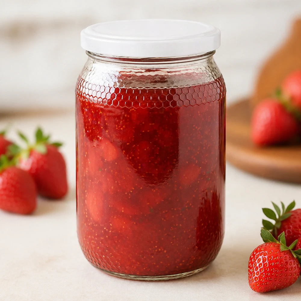 Honigglas 900ml mit Erdbeermarmelade befüllt demonstriert Eignung für Konfitüren BasicSeal Deckel UNiTWIST
