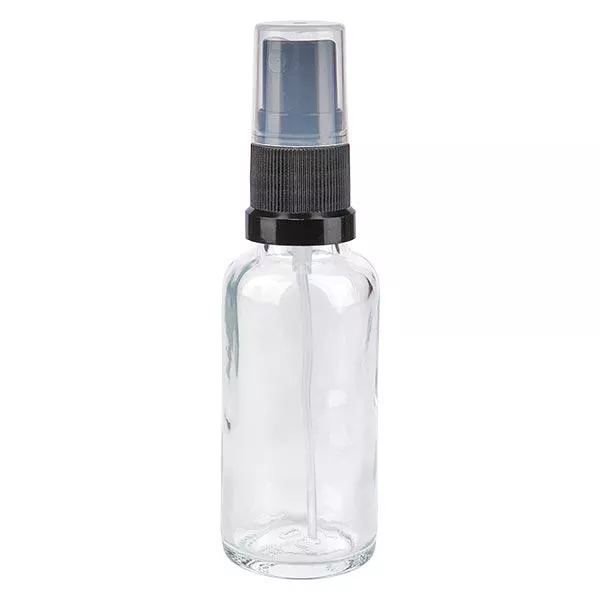 Lékárenská lahvička čirá 30ml s uzávěrem spreje černá Lékárenská lahvička čirá 30ml s uzávěrem spreje černá
