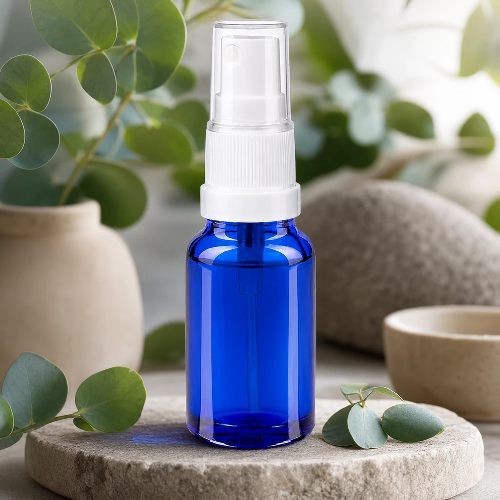10ml BlueLine Glasflasche mit weißem Sprühkopf und UT18/10 Gewinde für Nachfüllbarkeit