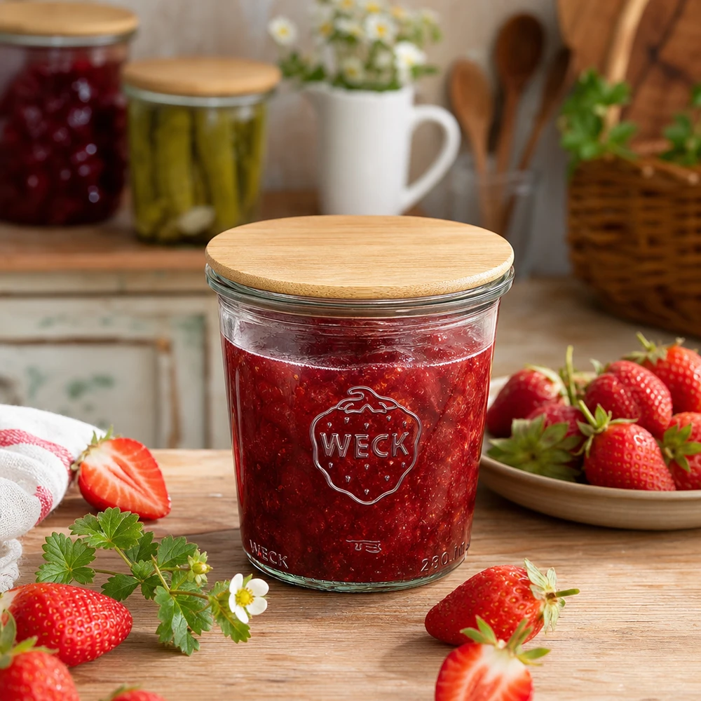 WECK Einmachglas 290ml mit Bambusdeckel gefüllt mit Erdbeermarmelade umgeben von frischen Erdbeeren auf Holztisch