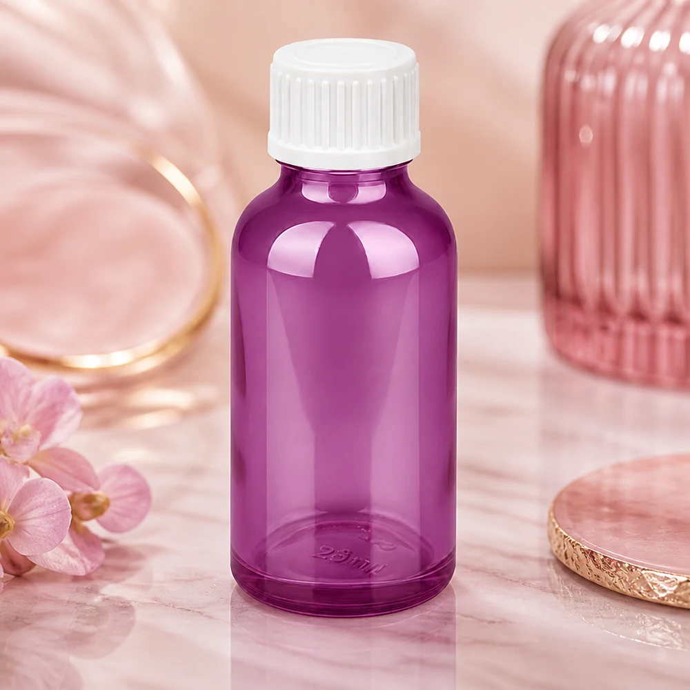 30ml lahvička s kapátkem 0,9 mm bílá standardní PurpleLine. UT18/30 Elegante Purple Tropfflasche 30ml mit weißem Verschluss für professionelle Präsentation