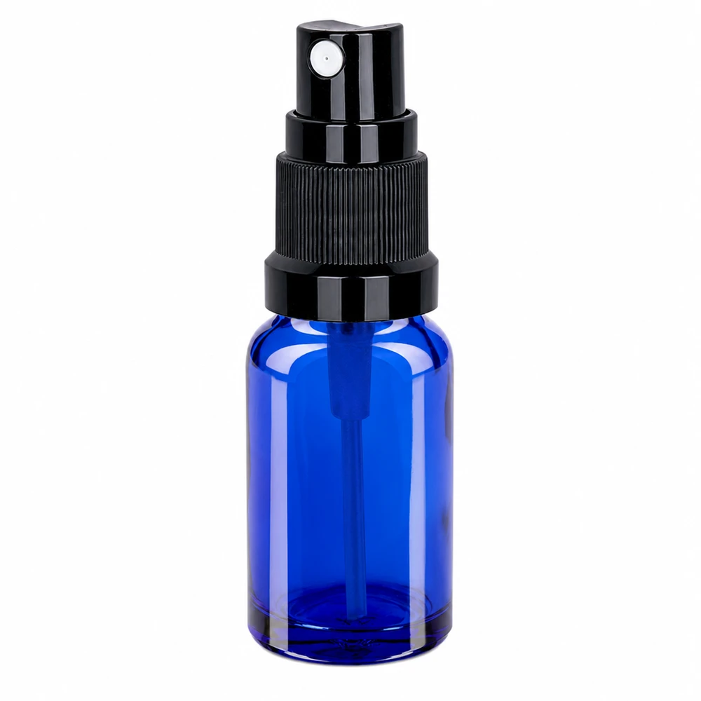Elegante 10ml blaue Sprayflasche STD BlueLine UT18/10 mit mattschwarzem Zerstäuber-Aufsatz