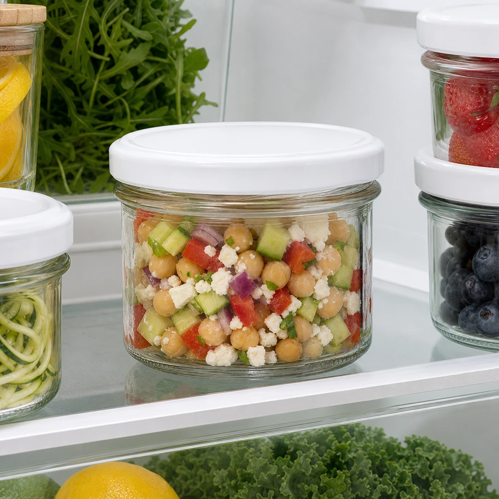 225ml Sturzglas im Kühlschrank mit Kichererbsen-Salat gefüllt zeigt ideale Aufbewahrung von Meal Prep