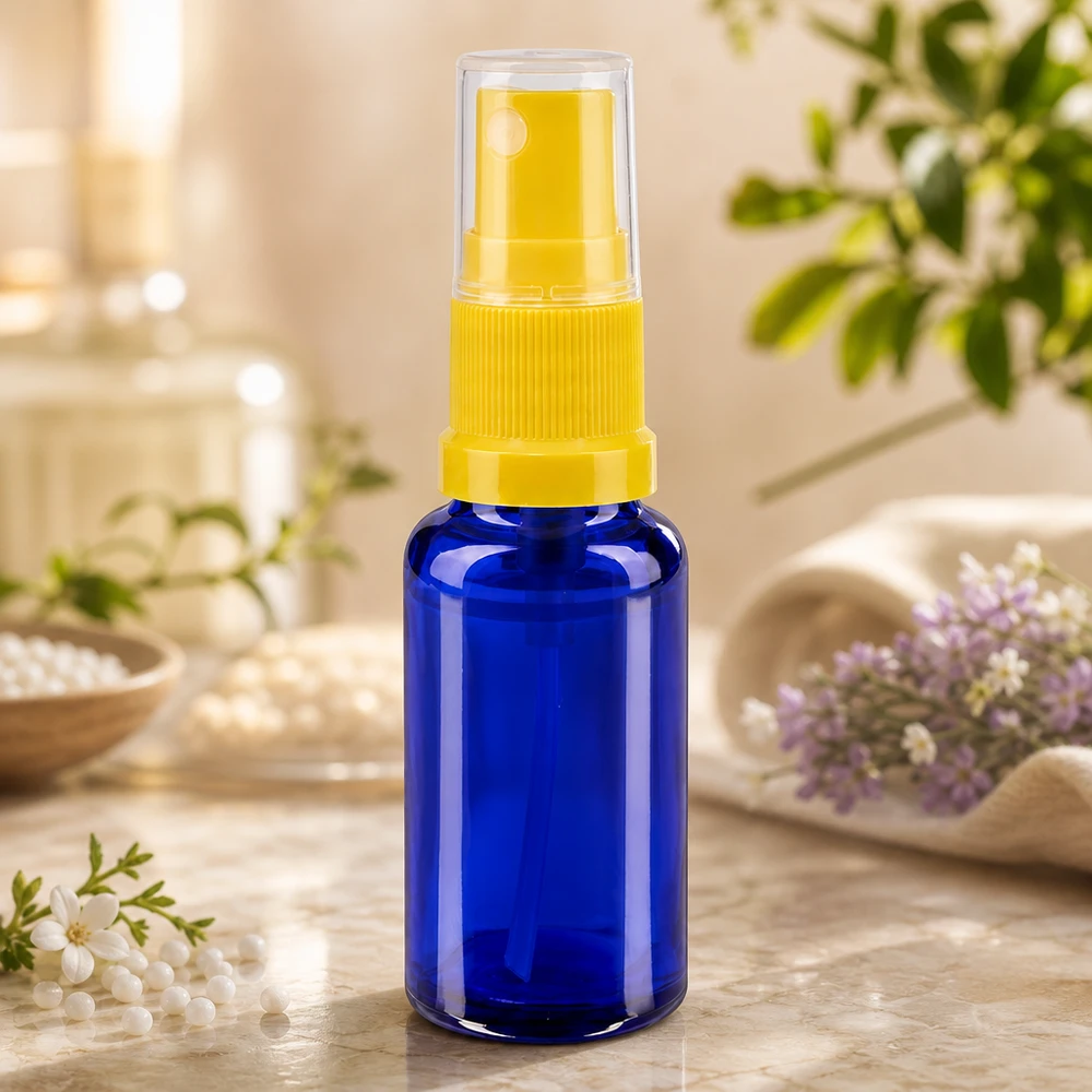 20ml Blauglasflasche mit gelbem Sprühaufsatz lichtgeschützt für empfindliche Flüssigkeiten
