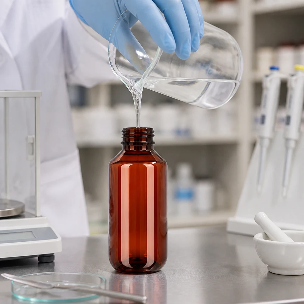 PET láhev 100ml se zeleným uzávěrem s ochranou proti manipulaci Hnědá PET láhev o objemu 100 ml se šroubovacím uzávěrem se plní v moderní farmaceutické laboratoři