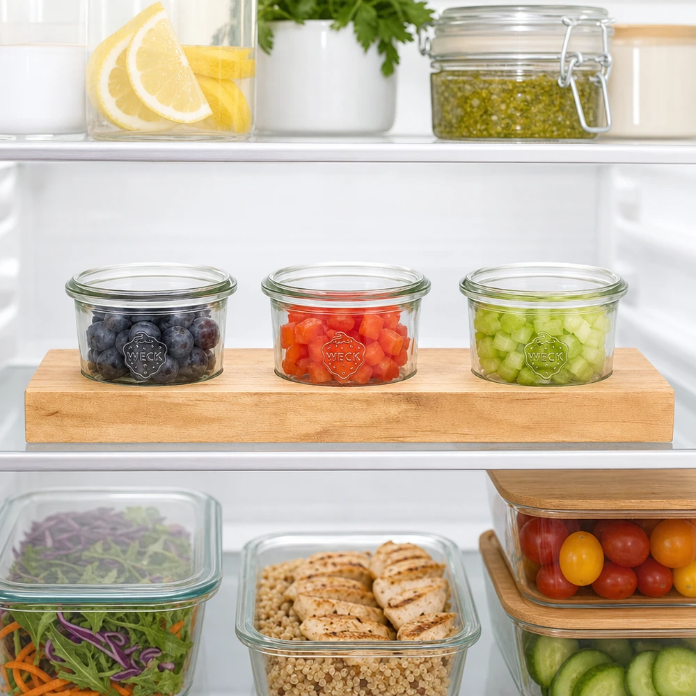 Servírovací prkénko Plano3 se 3 kelímky Weck o objemu 80 ml. Servierbrett Plano3 mit Weck Sturzgläsern 80ml im Kühlschrank zur organisierten Aufbewahrung von Beeren und Gemüse