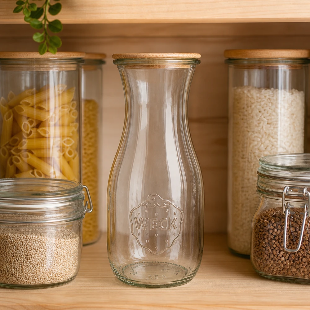 530ml láhev na džus WECK RR60 s dřevěným víčkem WECK Saftflasche 530ml RR60 leer zwischen Vorratsgläsern mit Pasta und Reis in organisierter Küche mit Holzregalen