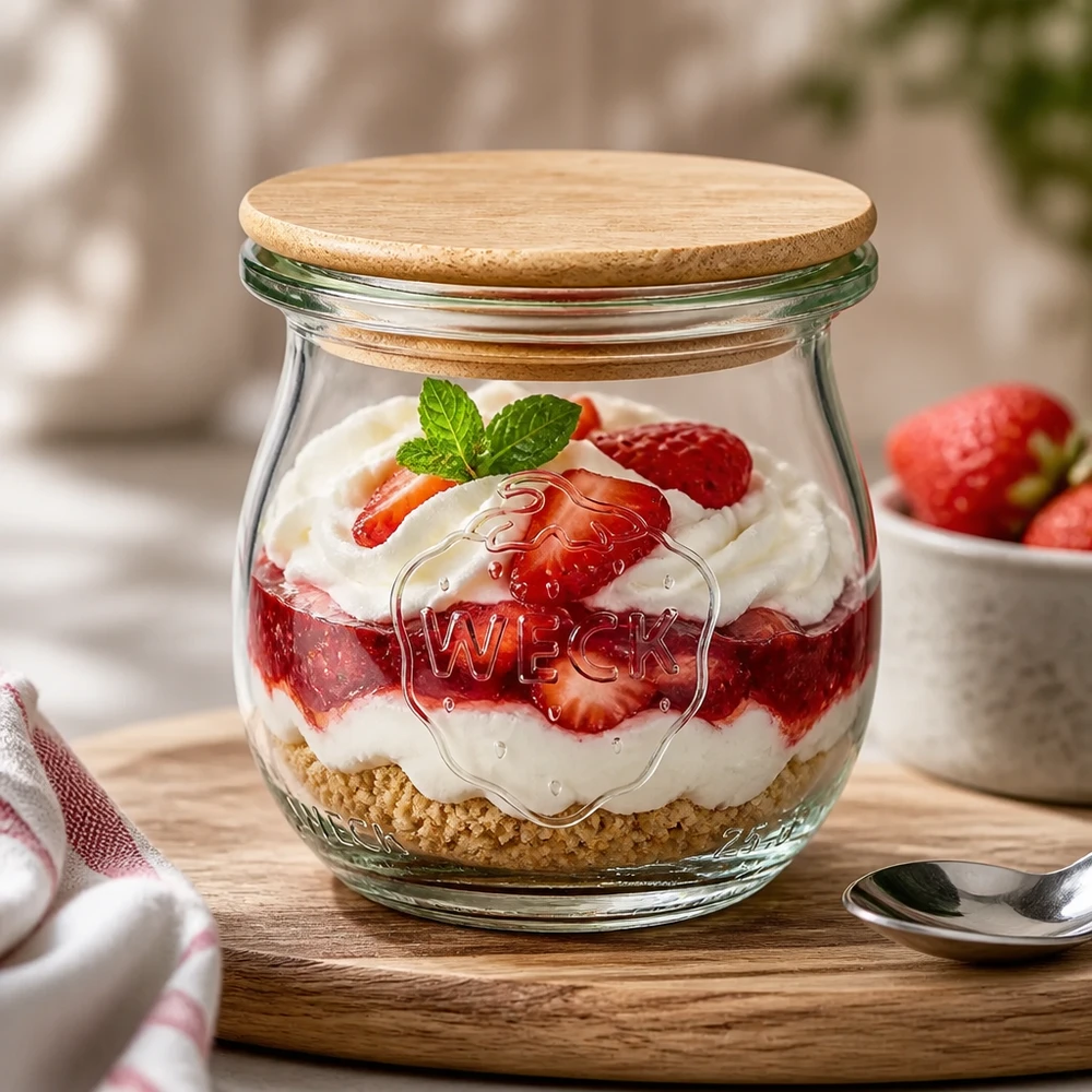 75ml tulipánová sklenice WECK RR40 s dřevěným víčkem WECK Tulpenglas 75ml RR40 Dessertglas mit Bambusdeckel gefüllt mit Erdbeerdessert und Sahne auf Holztisch
