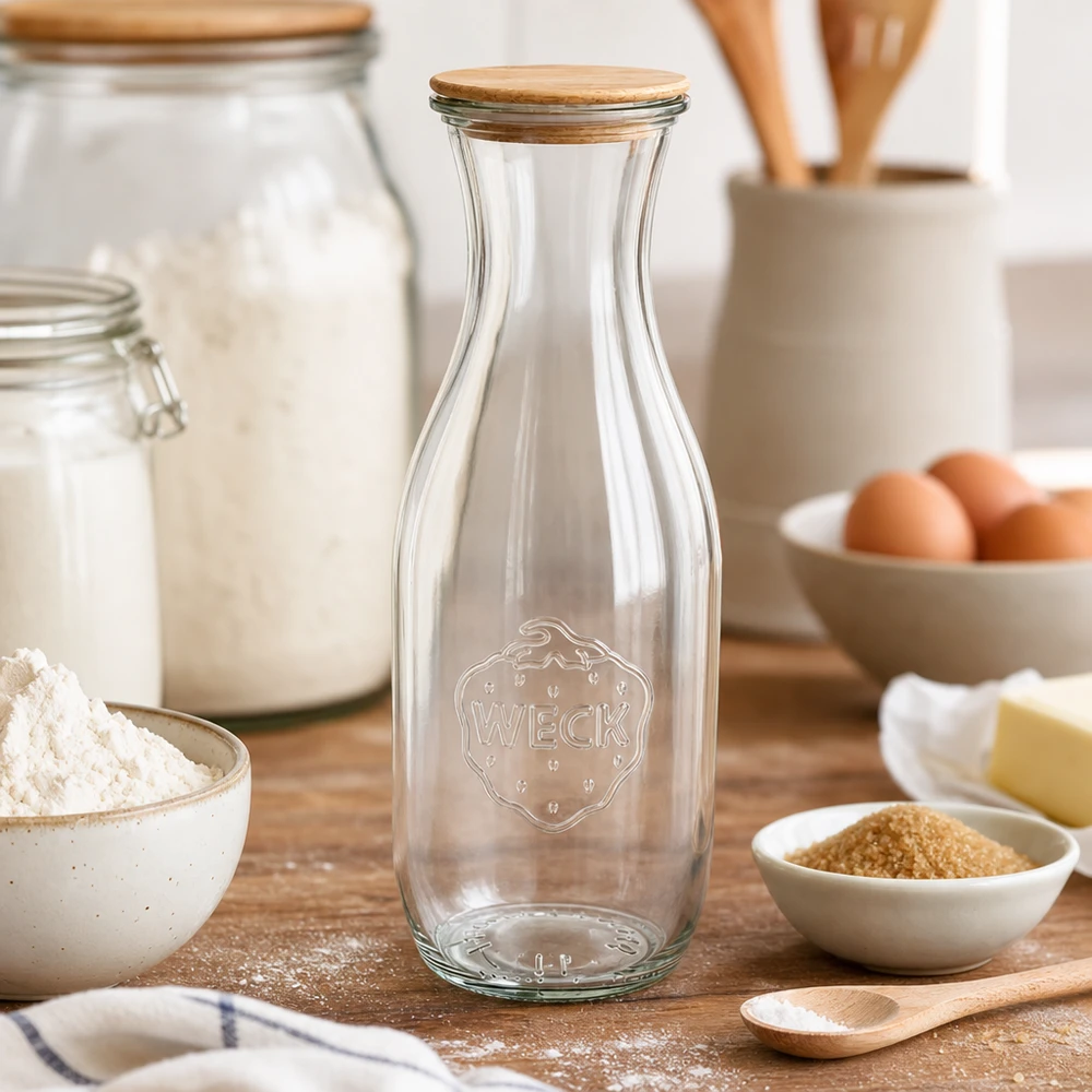 1062ml láhev na šťávu WECK RR60 s dřevěným víčkem WECK Saftflasche 1062ml mit Holzdeckel auf Küchentisch zwischen Backzutaten wie Mehl Eiern und Butter
