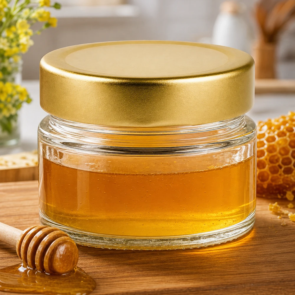 80ml kulatá sklenice s víčkem BasicSeal zlaté hluboké UNiTWIST. 80ml Rundglas mit BasicSeal Deckel gold deep gefüllt mit Honig neben Wabe und Honiglöffel auf Holzbrett