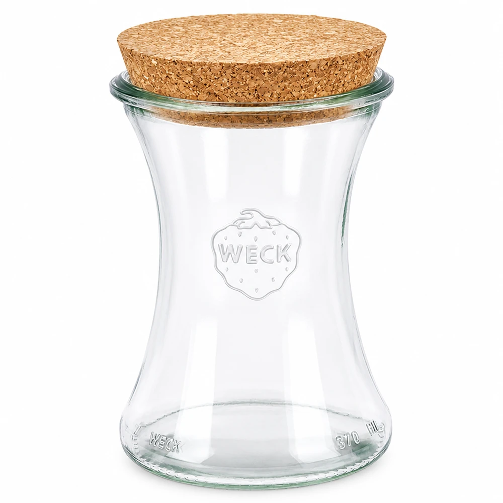 370ml lahůdková dóza WECK RR80 s korkovou zátkou přírodní WECK Delikatessenglas 370ml RR80 mit natürlichem Korkdeckel aus klarem Glas für Vorratshaltung