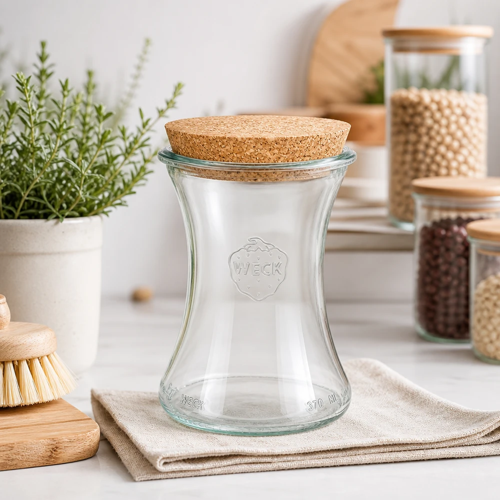 370ml lahůdková dóza WECK RR80 s korkovou zátkou přírodní WECK Delikatessenglas 370ml RR80 in moderner Küche mit Vorratsgläsern Kräutern und Holzaccessoires als Deko