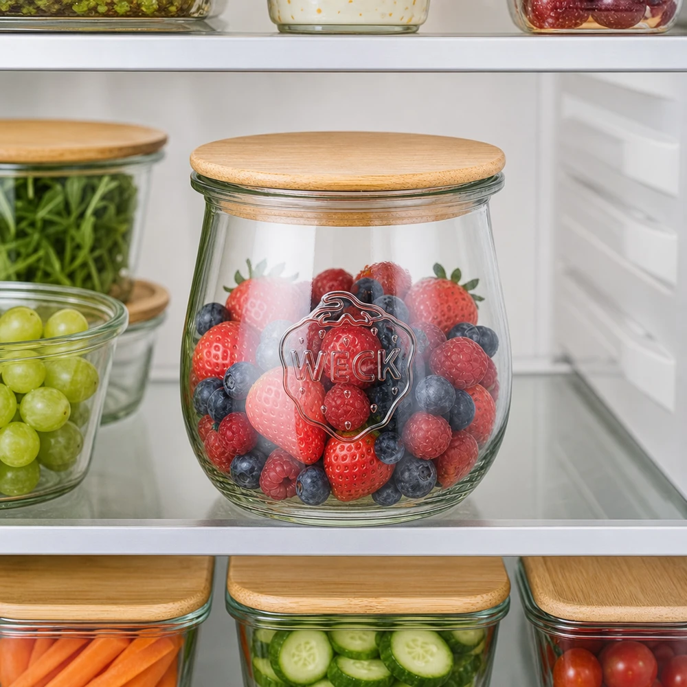 220ml tulipánová sklenice WECK RR60 s dřevěným víčkem WECK Tulpenglas 220ml mit Holzdeckel zur Aufbewahrung von Beeren im Kühlschrank - Frischhalteglas für Obst
