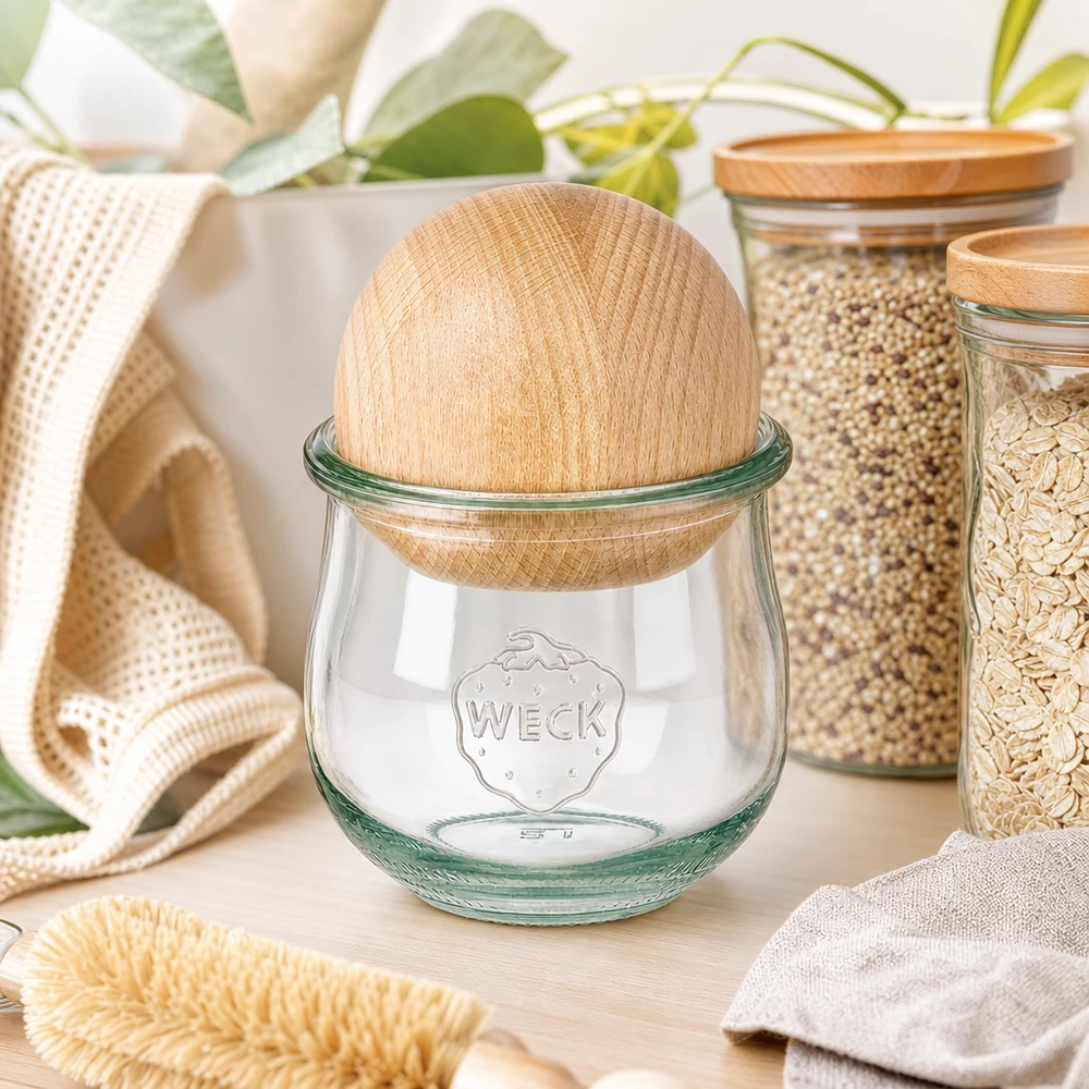 Tulipánová sklenice WECK RR80 o objemu 370 ml s dřevěnou kuličkou buk.