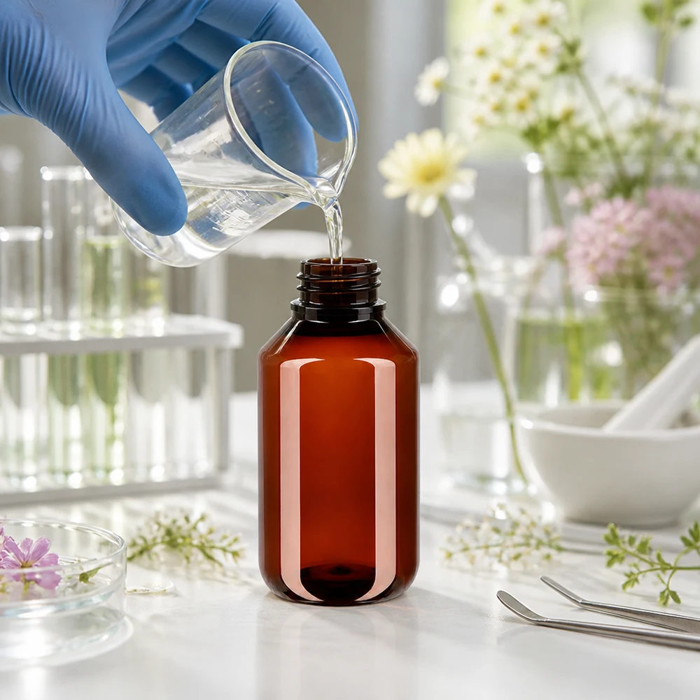 Malá PET láhev o objemu 50 ml, jantarové barvy, s bílým bezpečnostním uzávěrem pro tekutiny