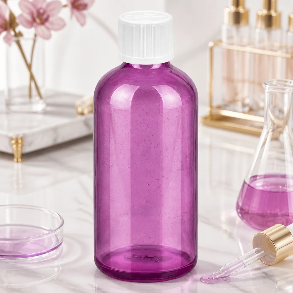 100ml lahvička s kapátkem 1,2mm bílé standardní dětské pojistky PurpleLine. UT18/100 Premium 100ml Flasche in Purple mit 1.2mm Tropfeinsatz perfekt für DIY Kosmetik und Öle