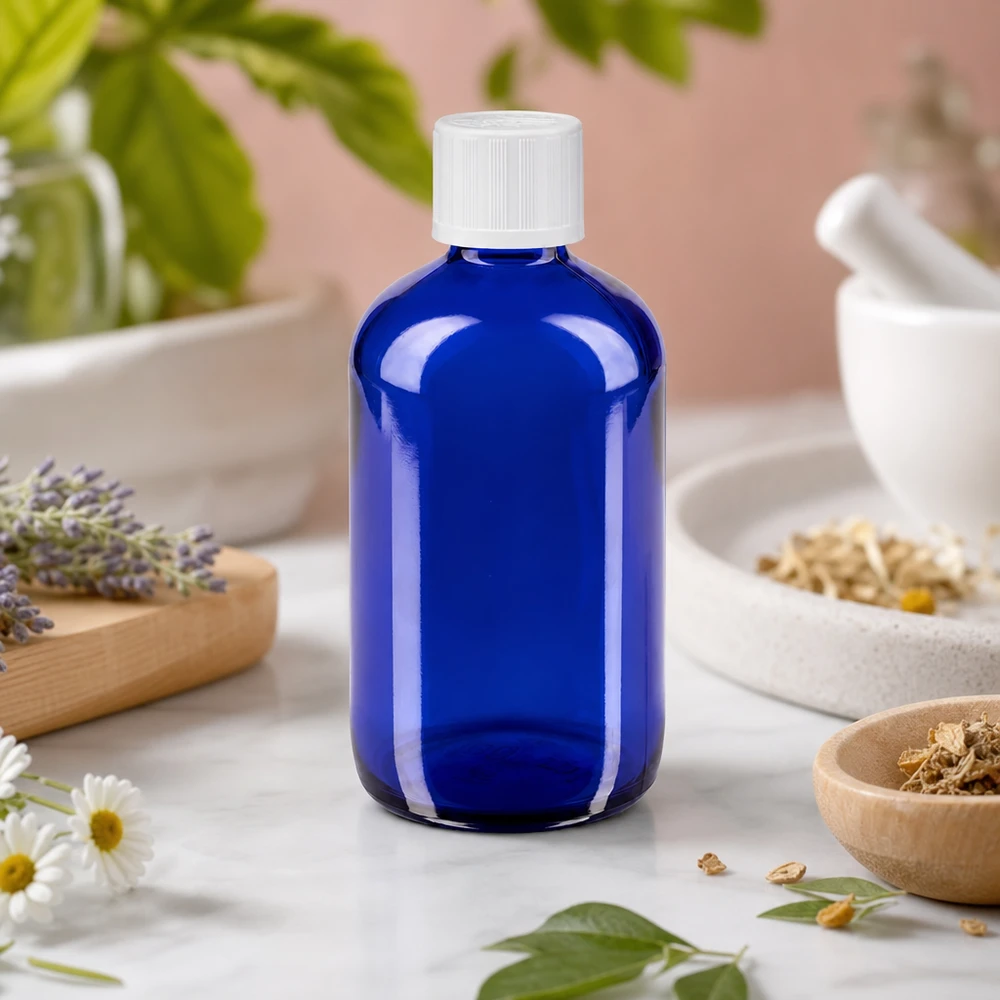 Lékárenská láhev modrá 100ml kapátko uzávěr bílý dětský bezpečnostní standard. Uviol-blaue 100ml Flasche mit weißem Tropfverschluss ideal für lichtempfindliche Flüssigkeiten