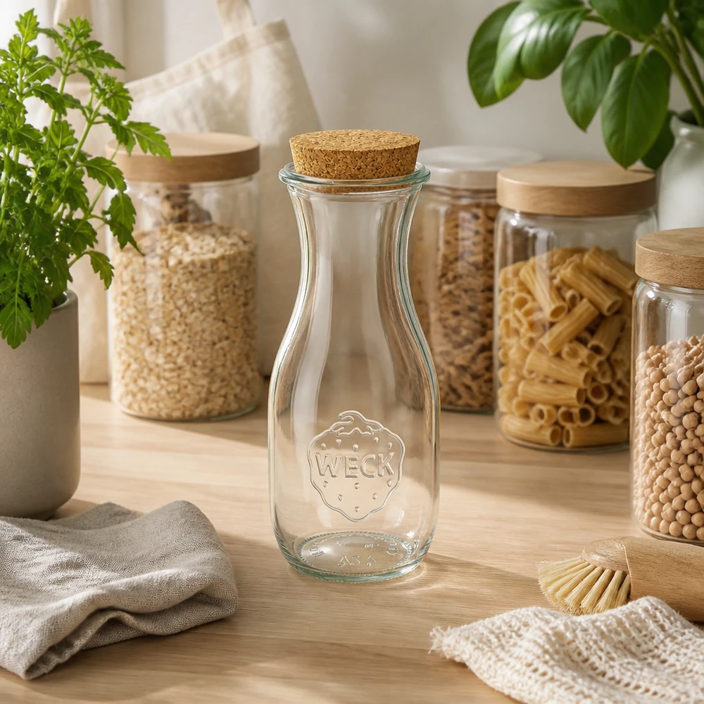 WECK Saftflasche 530ml RR60 mit Korken in nachhaltiger Zero-Waste Küche zwischen Vorratsgläsern und grünen Pflanzen