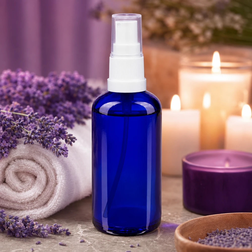 Lékárenská lahvička modrá 50ml s rozprašovacím víčkem bílá Nachfüllbare 50ml Glasflasche mit Sprühkopf weiß für Kosmetik und Naturprodukte