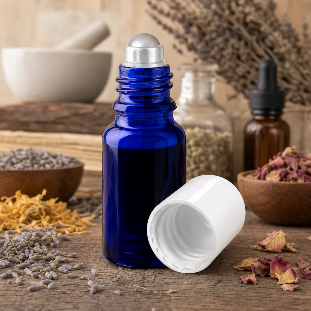 Lékárenská lahvička modrá 10ml roll-on uzávěr bílý Blaue 10ml Roll-On Dispenserflasche aus Apothekerglas mit weißem Schraubverschluss und Kräuterdeko